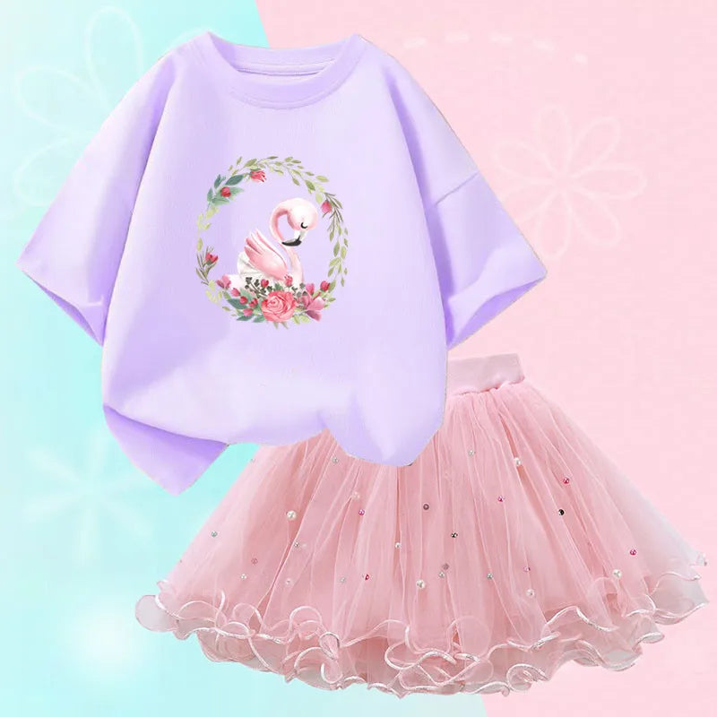 Kids Girls Flamingo T-Shirt & Mesh Skirt Pretty Outfits childrensterritory