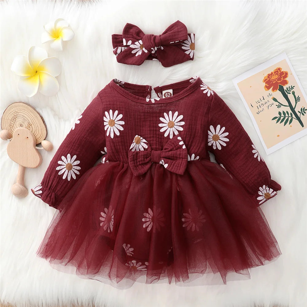 Baby Girl Flowers Print Tulle Bodysuit with Headband