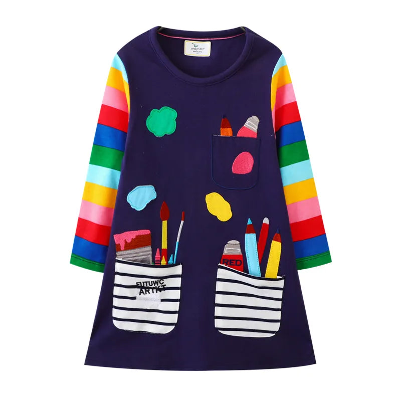 Kids Girls Pockets Pen Embroidery Preppy Style Dress childrensterritory