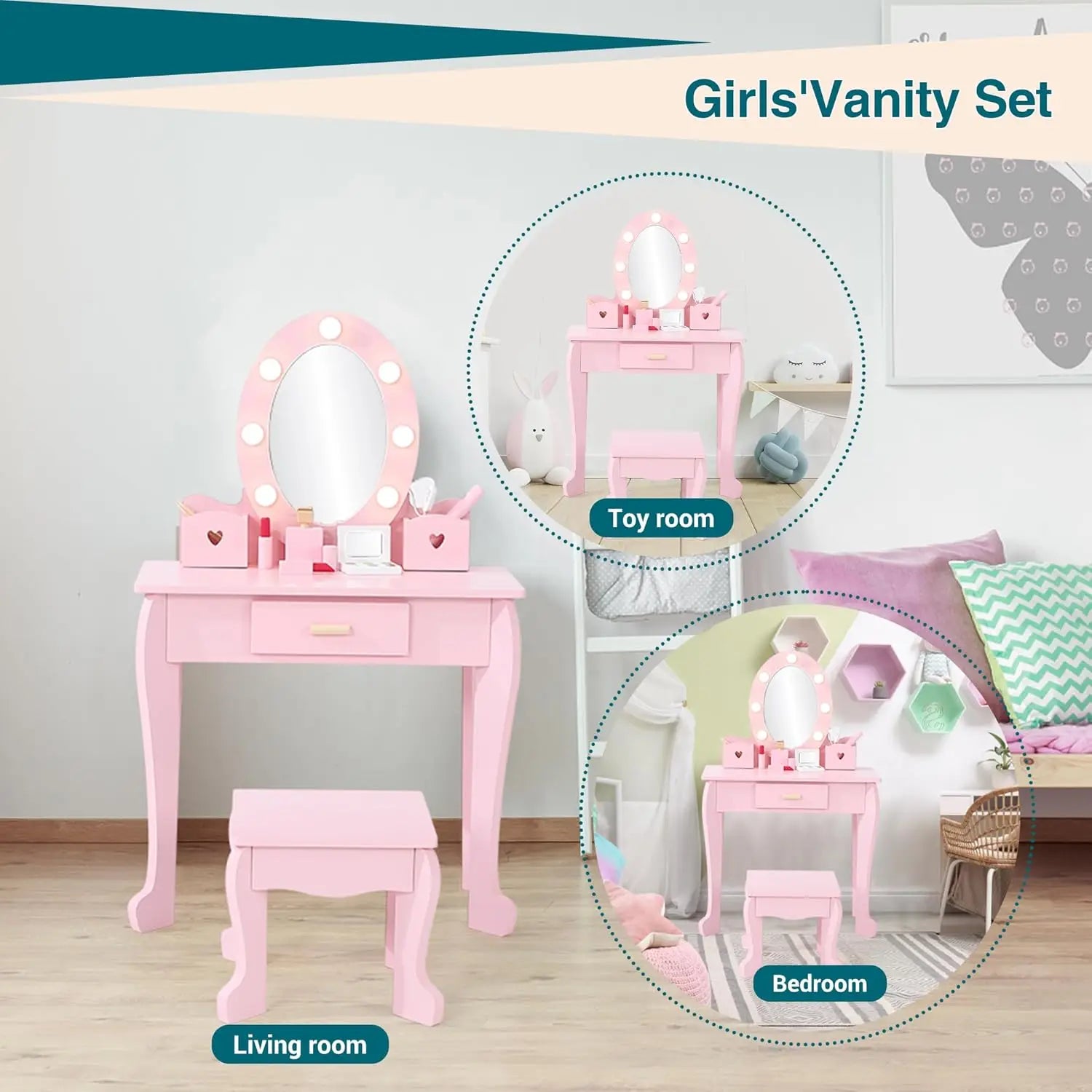 Kids Girls Makeup Dressing Play Table/Vanity Set W/ Mirror