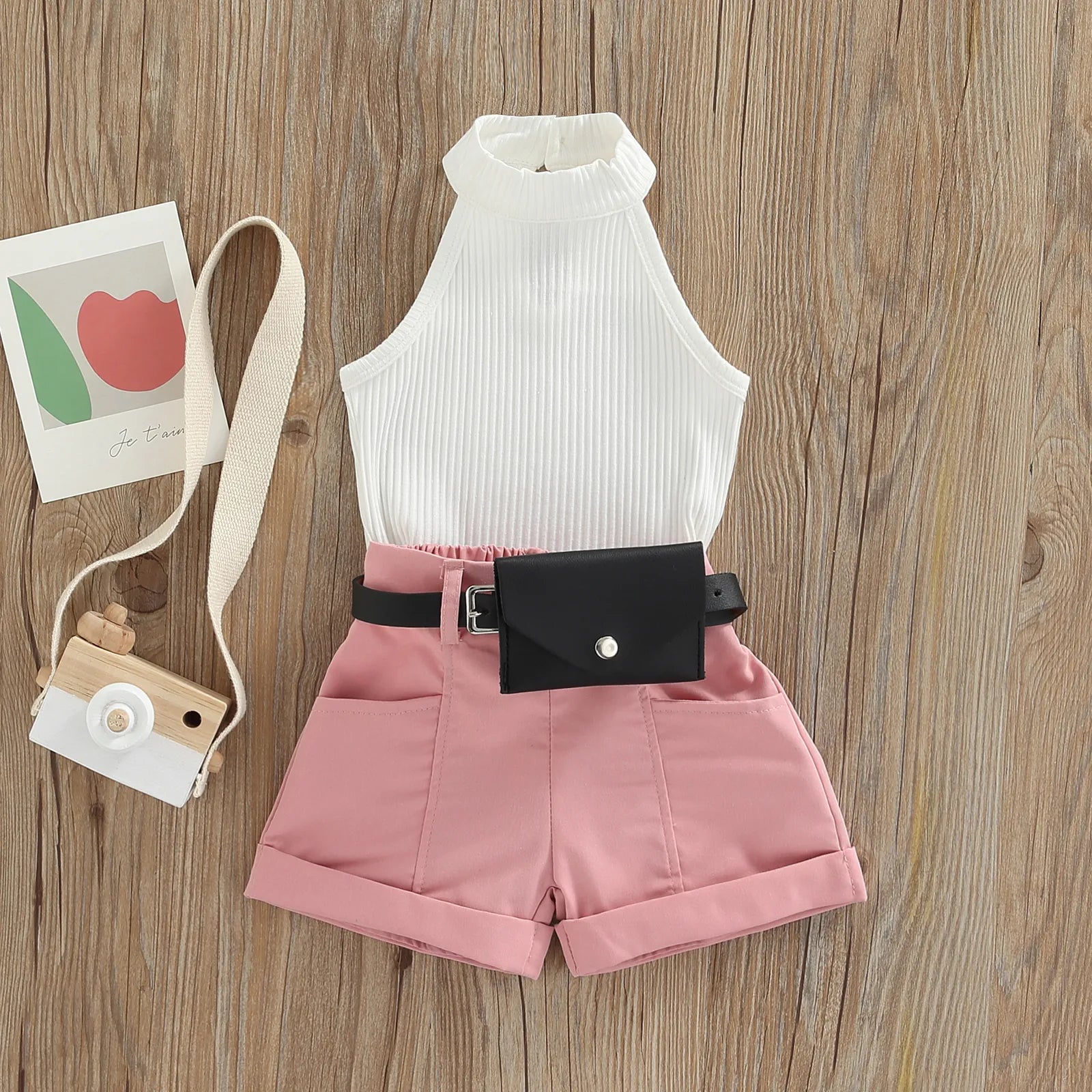 Little Girl Three-Piece Sleeveless Top + Belted Short Pants Outfit childrensterritory