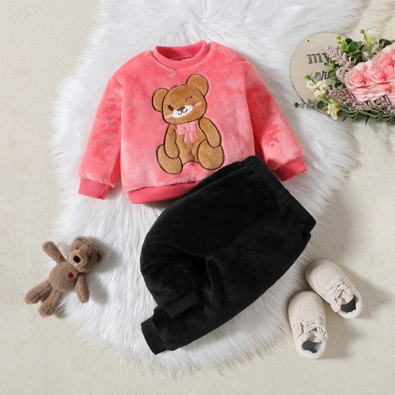 2PCS Baby Warm Coral Plush Teddy Bear Design Clothing Set childrensterritory