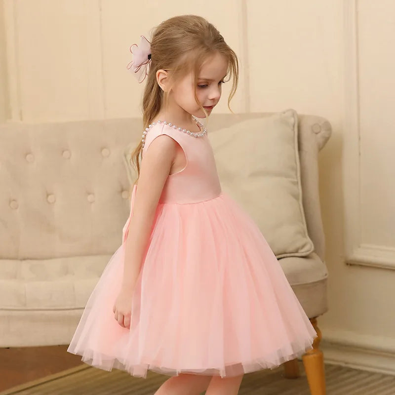 Kids Girls Solid Color Pearl Bow Design Fluffy Princess Dresses childrensterritory