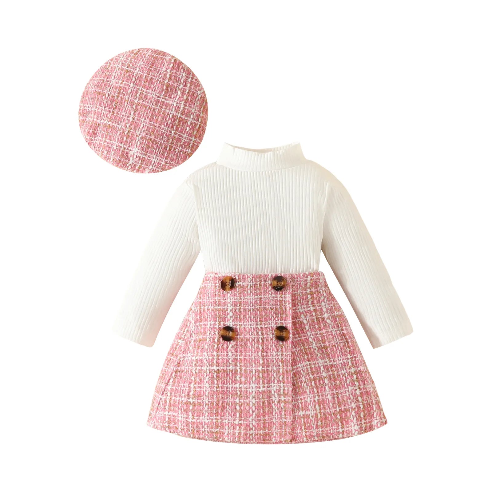 Baby Girls Knit Long Tops and Plaid Skrits with Hat Outfits childrensterritory