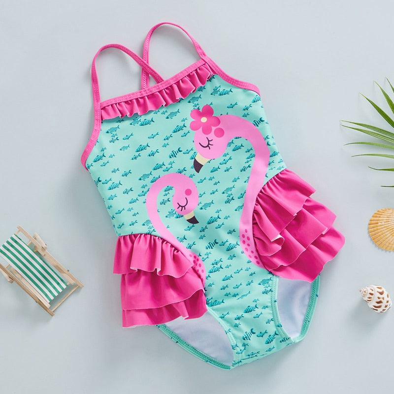 Flamingo and Little Fish Print Kids Girls Ruffle Swimsuit childrensterritory