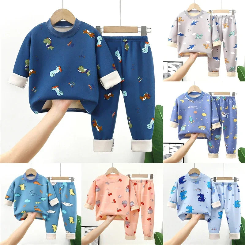 Baby/Kids Thick Warm Cartoon Print Pajamas Set