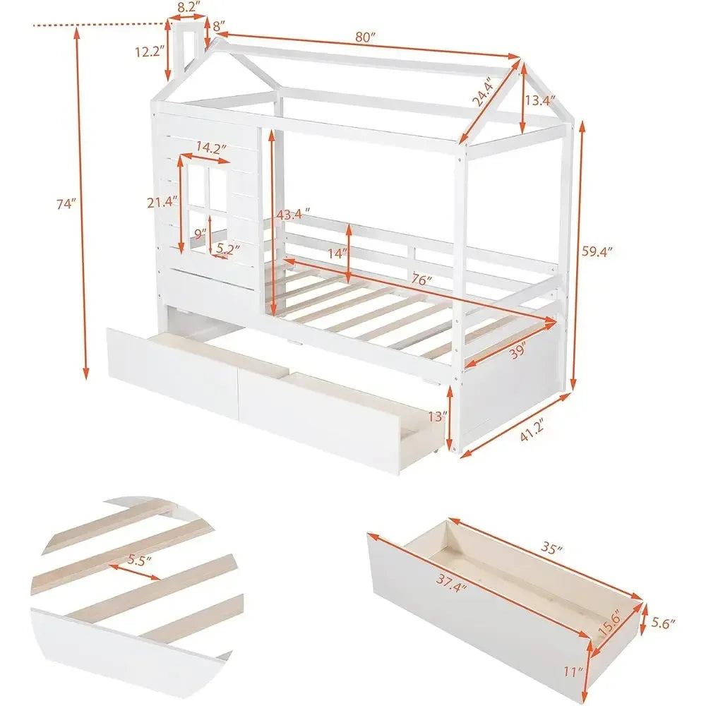 Twin Size Wood Storage Bunk Bed with Window and Roof