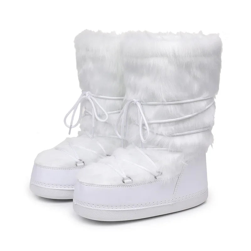 Fluffy Faux Fur Middle Calf Platform Snow Boots for Women