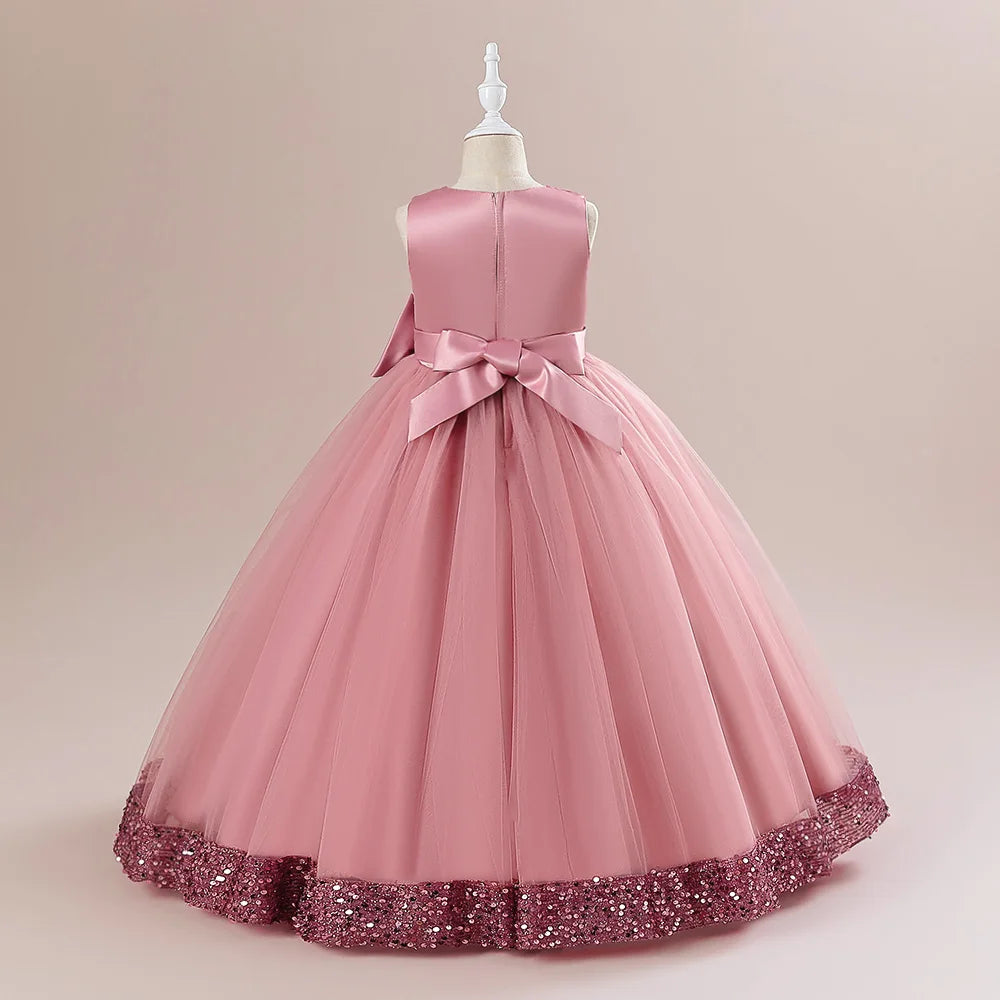 Solid Color Sequin Bow Design Kids Girls Formal Evening Vestidos childrensterritory