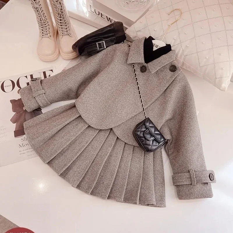 Kids Girls Retro Style Plaid Winter Party Dresses 2pcs Set