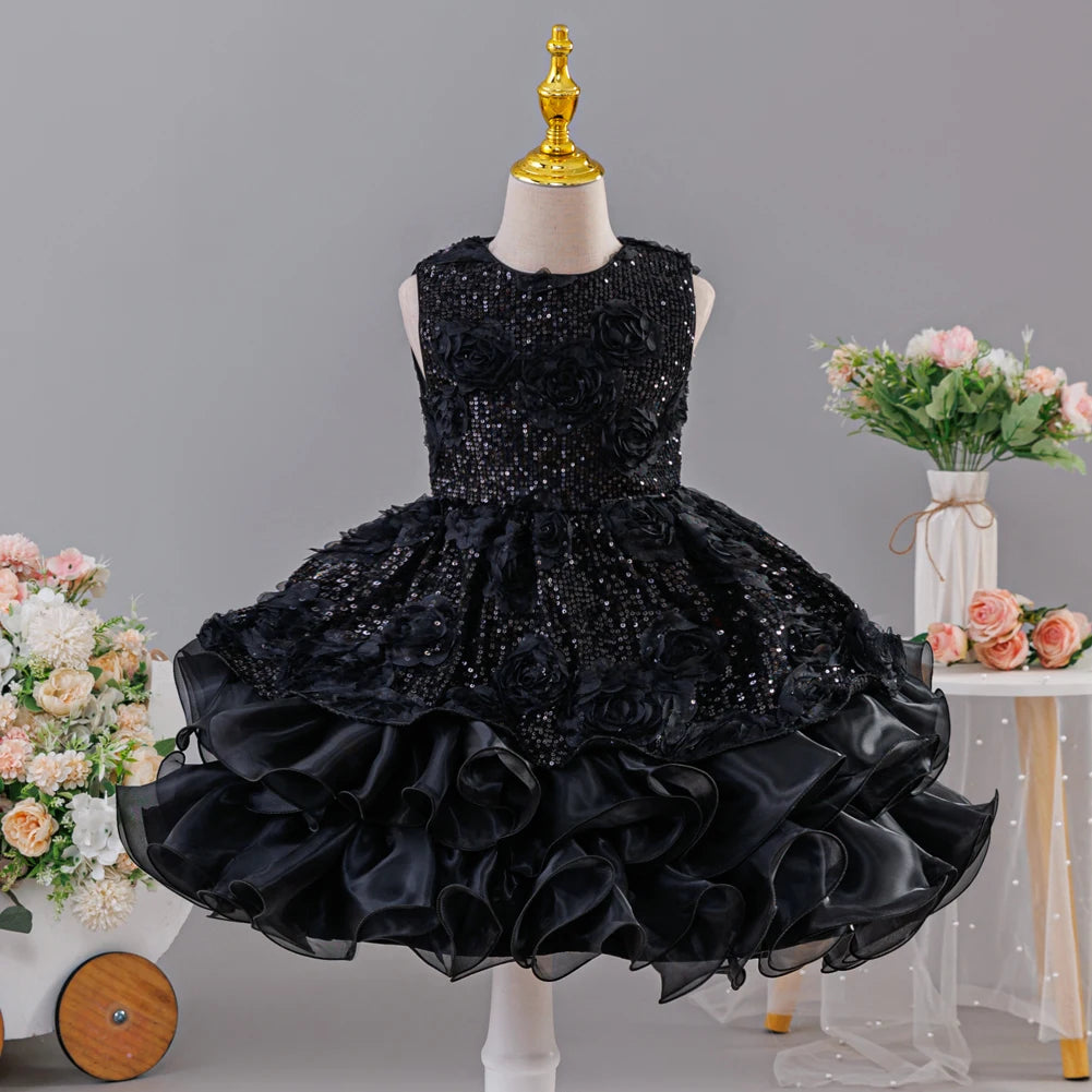 Sleeveless Fluffy Floral Birthday Party Dresses For Girls