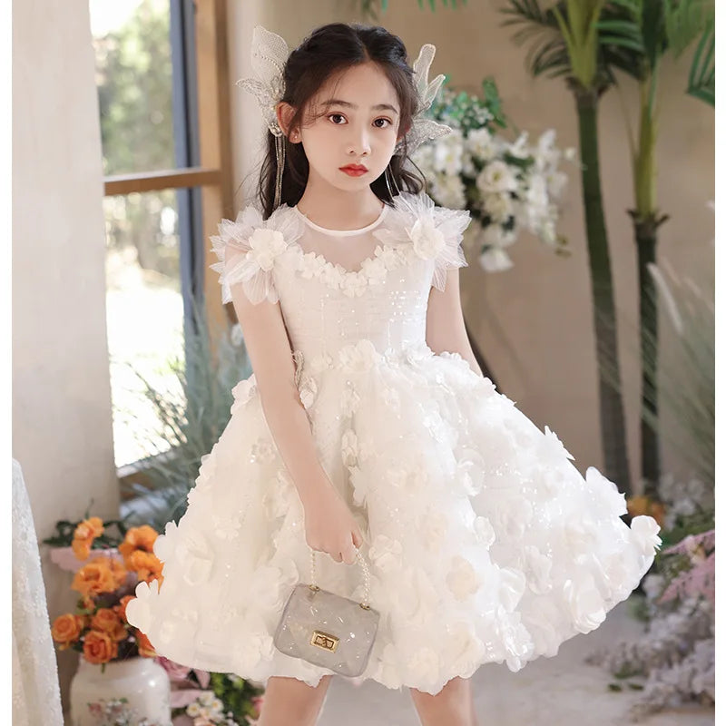 3D Flower Puffy Sleeve Girls White Lace Dresses for Birthday childrensterritory