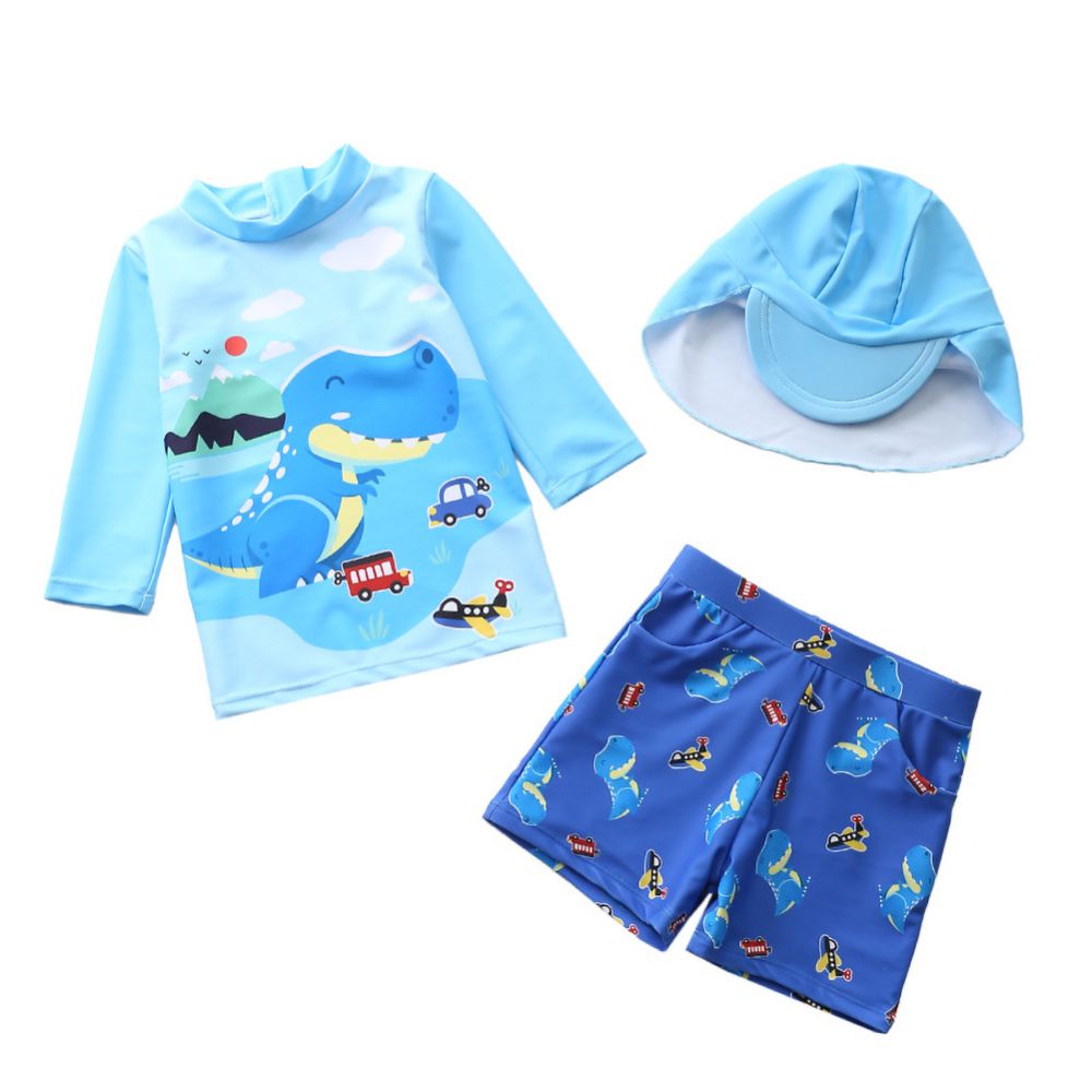 Kids Boys Cartoon Print 3pcs Surfing Beachwear With Cap childrensterritory