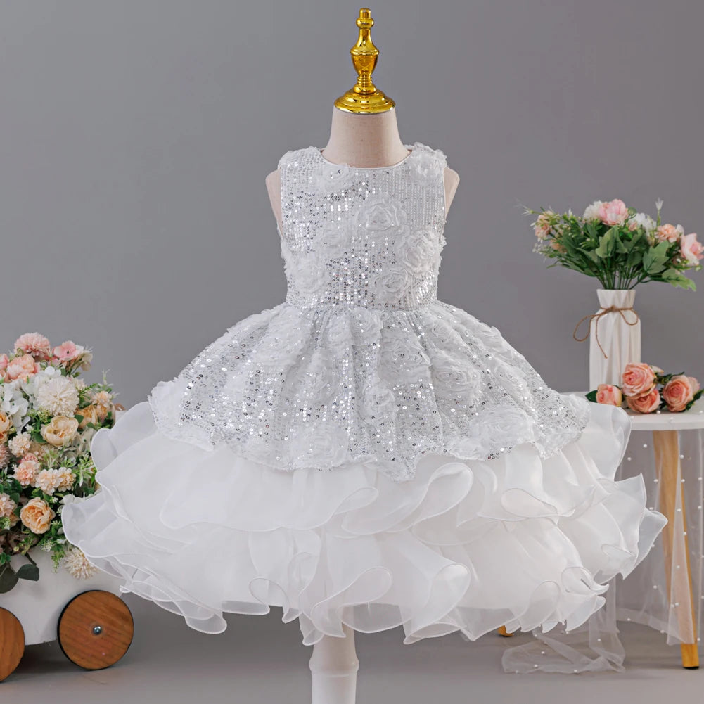 Sleeveless Fluffy Floral Birthday Party Dresses For Girls