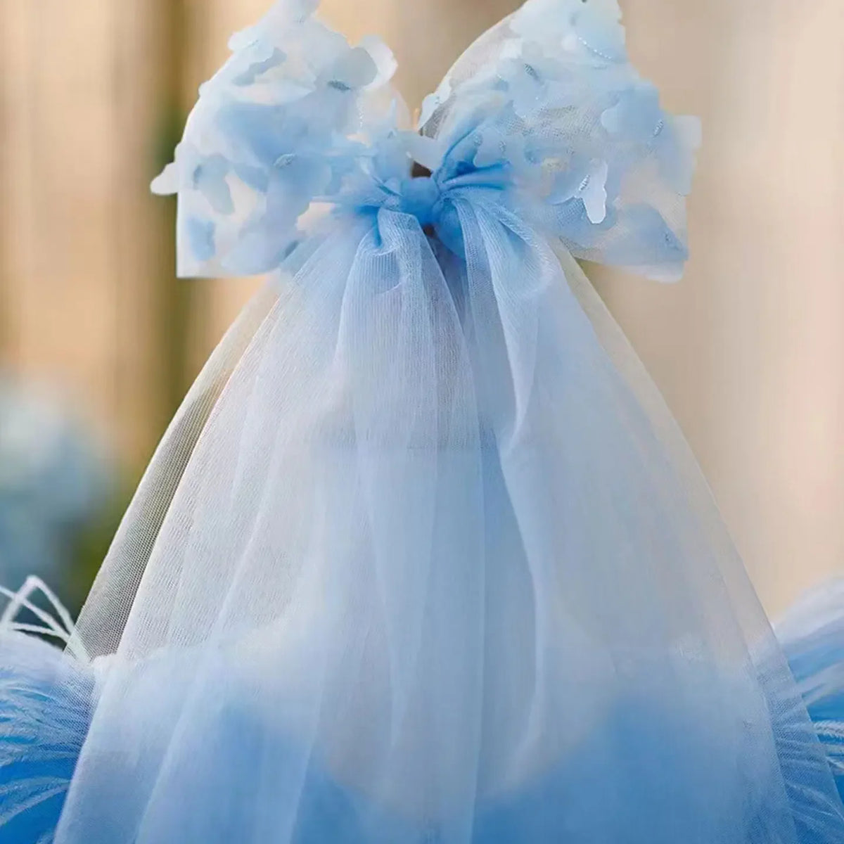 Elegant Butterfly Designed Blue Flower Girl Dress with Hairband