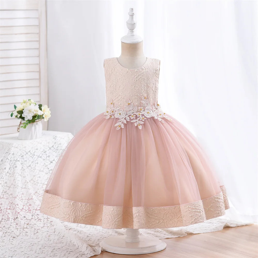 Kids Girls 3pcs/set Jacquard Pattern 3D Appliques Birthday Dresses
