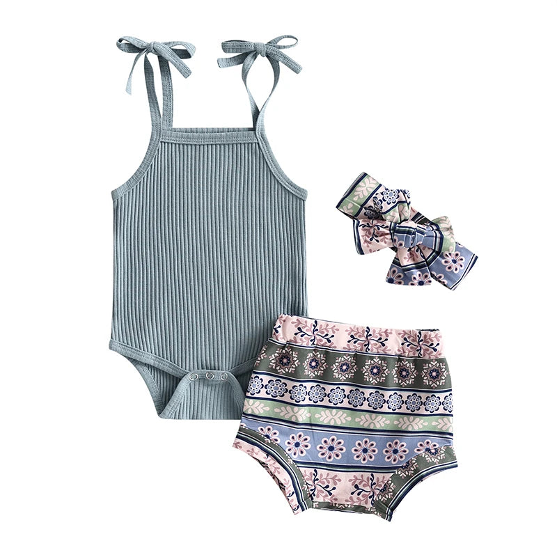 Baby Girl Sleeveless Romper and Print Shorts Set