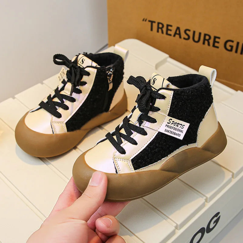 Kids Purple Black High Top Warm Furry Shoes childrensterritory