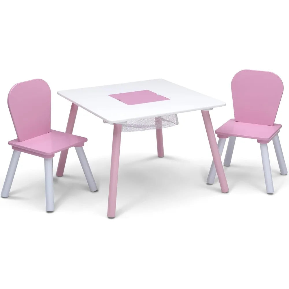 White and Pink Kids Table and Chair Set with Storage