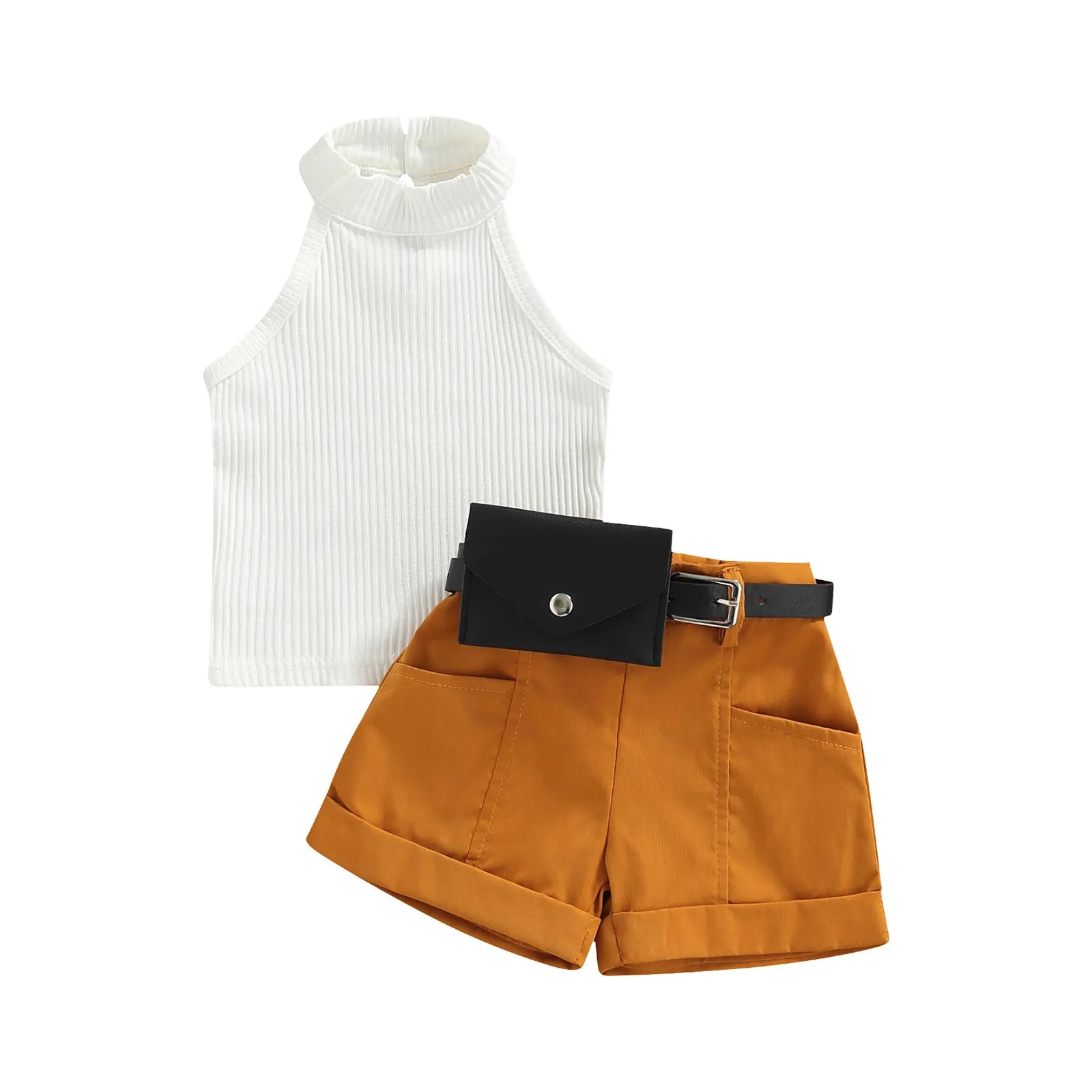 Little Girl Three-Piece Sleeveless Top + Belted Short Pants Outfit childrensterritory