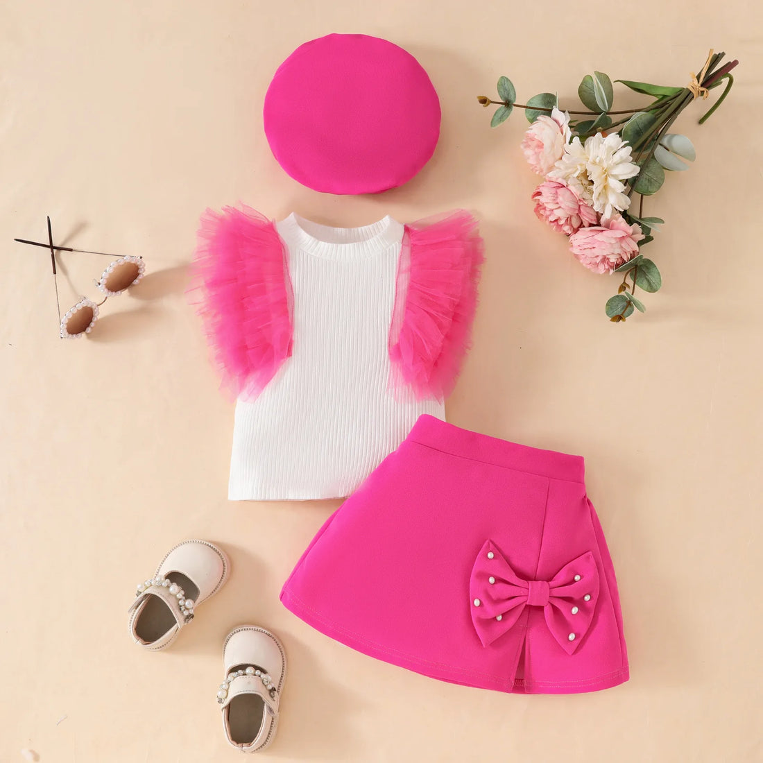 Baby Girls 3Pcs Cute Top+Bow Skirt+Beret Summer Outfit childrensterritory