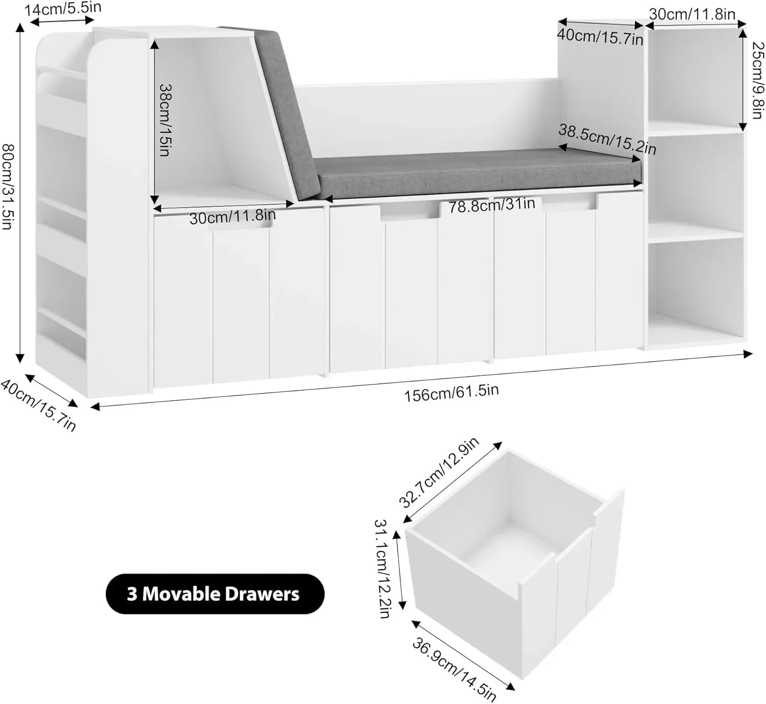 61.5" Kids Reading Nook with Double Bench and Bookshelf childrensterritory