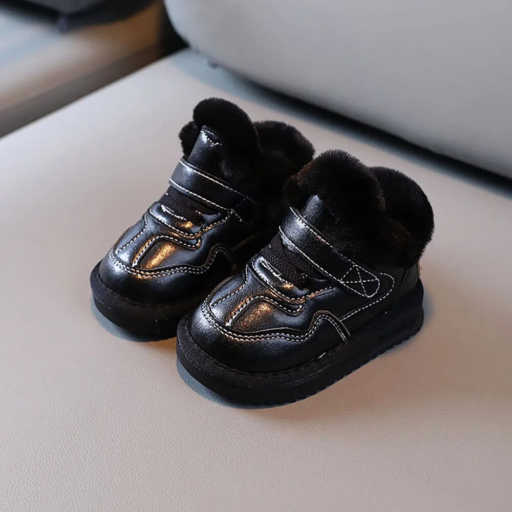 Kids Girls PU Leather Plush Warm Soft-soled Winter Shoes childrensterritory
