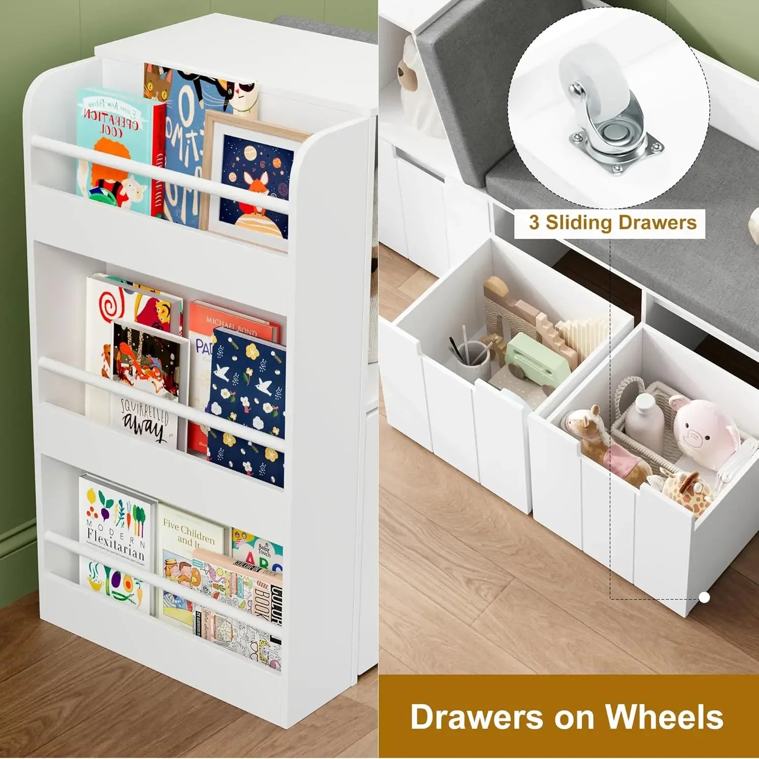 61.5" Kids Reading Nook with Double Bench and Bookshelf childrensterritory