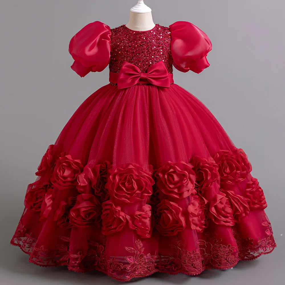 Flower Appliqués and Sequin Design Girls Long Party Dresses childrensterritory