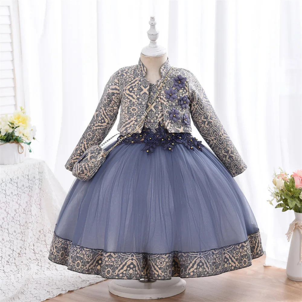 Kids Girls 3pcs/set Jacquard Pattern 3D Appliques Birthday Dresses