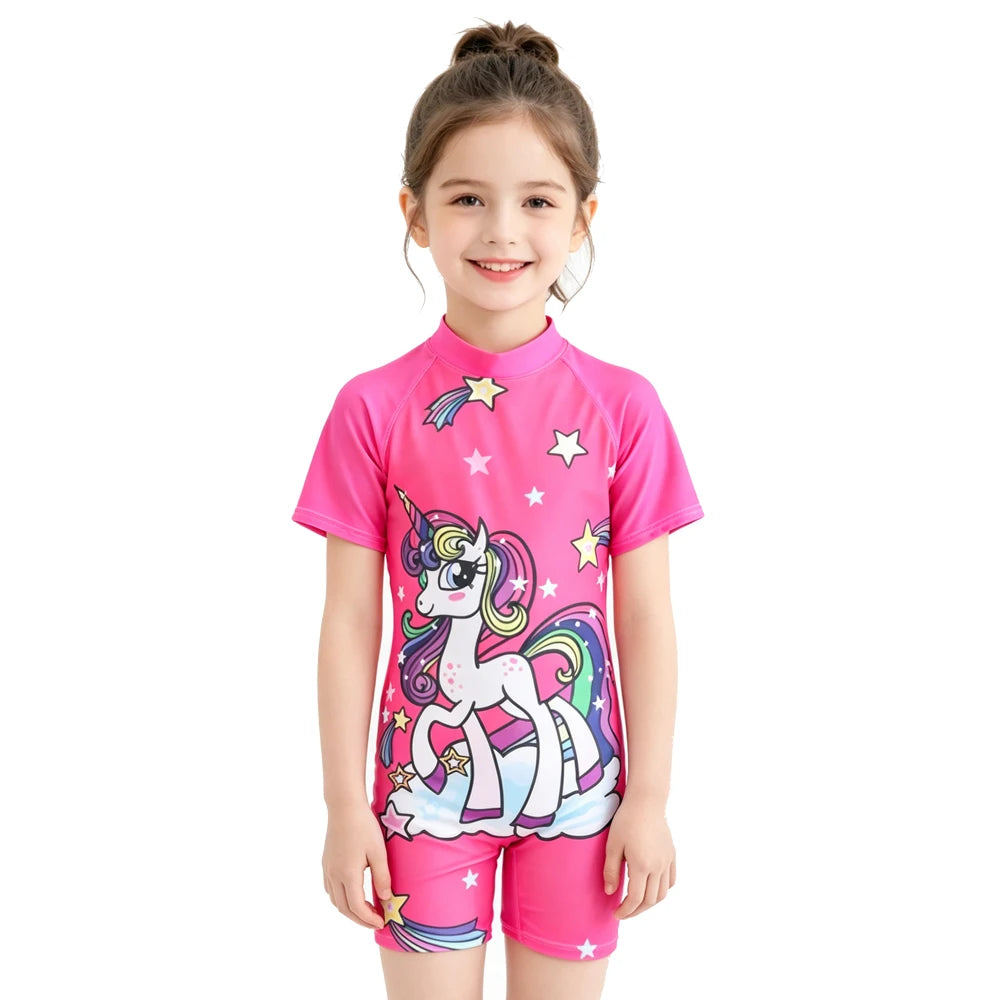 Kids Girls One-Piece Cartoon Print UV Swimsuits