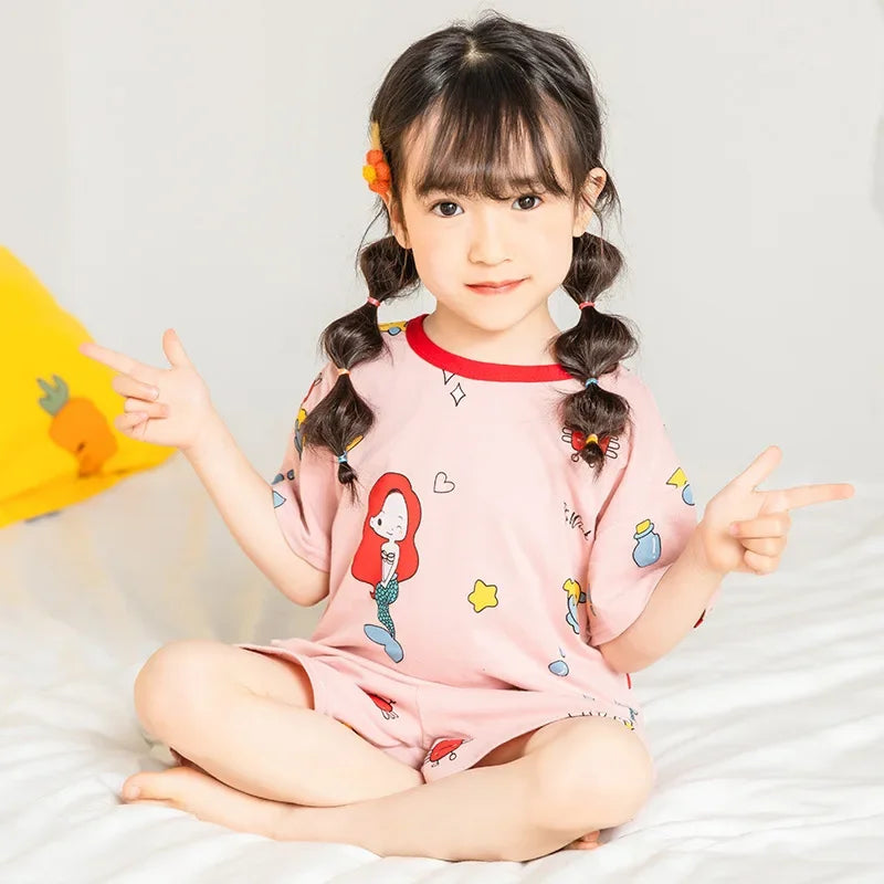 Kids Cartoon Print Short Sleeves Summer Pajamas Sets childrensterritory