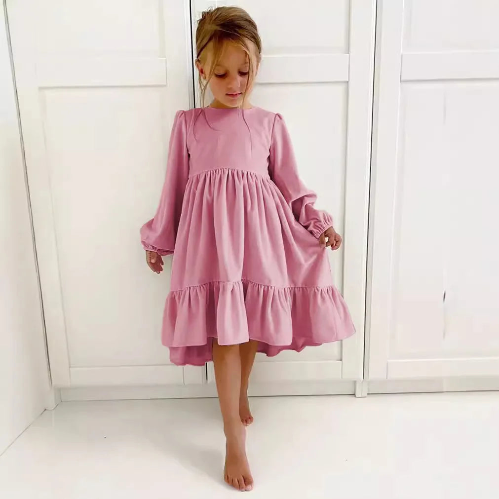 Kids Girls Velvet Long Sleeve Ruffle Hem Party Dresses