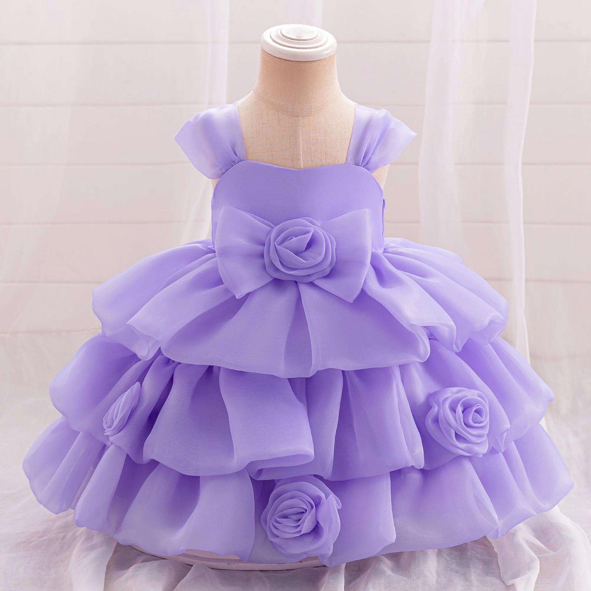 Elegant 3D Rose Flower Tiered Design Baby Christening Dresses