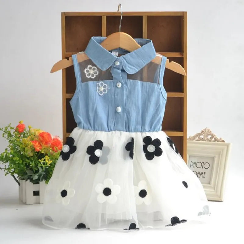 Baby Girl Flower Mesh Denim Dress for Summer childrensterritory
