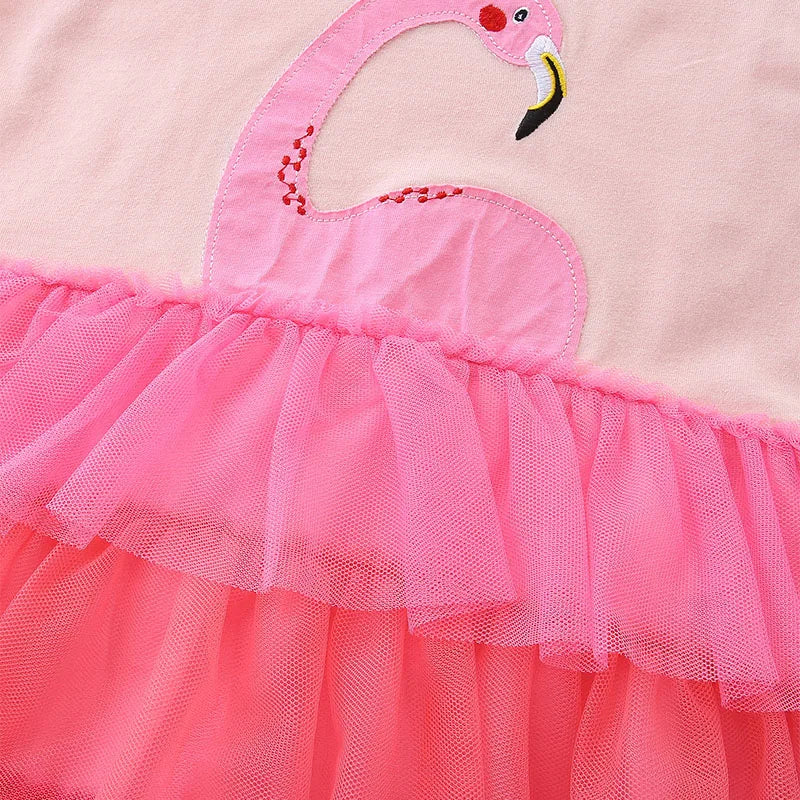 Kids Girls Cartoon Flamingo Pattern Layered Summer Dress childrensterritory