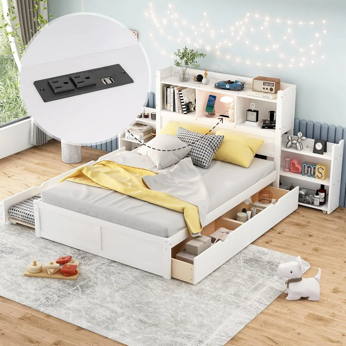 Full Size Bed with Bookcase, Trundle, Charging Station