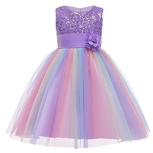 Girls Sleeveless Sequins Flower Rainbow Design Summer Dresses childrensterritory