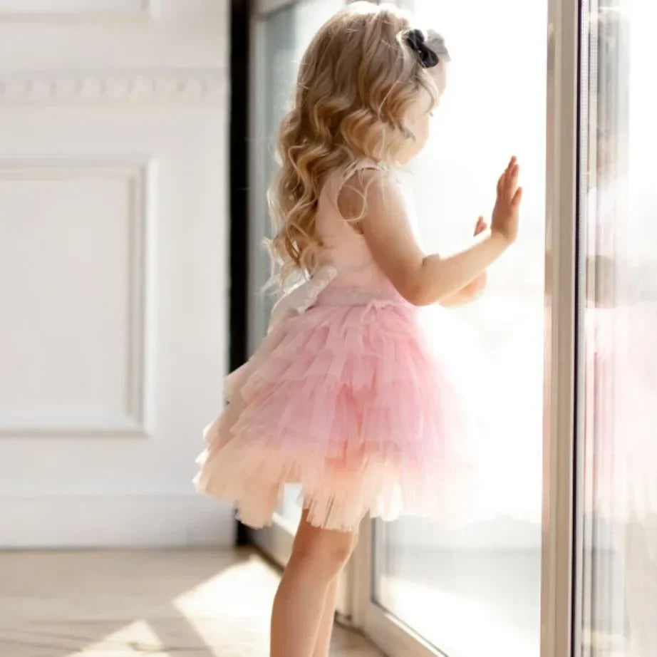 Puffy Pink Layers Skirt Wedding Party Dress for Kids Girls