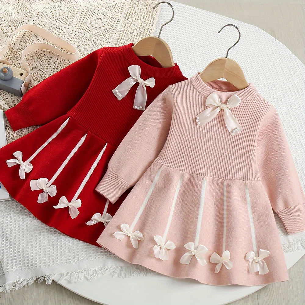 Girls’ Bow Design Winter Soft Dresses childrensterritory