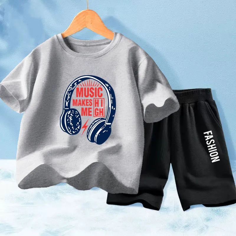 Kids Boys Music Headset Print T-shirt and Shorts Set childrensterritory