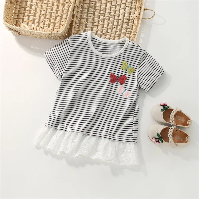 Butterflies Embroidery Design Summer Cotton T- Shirts For Girls childrensterritory