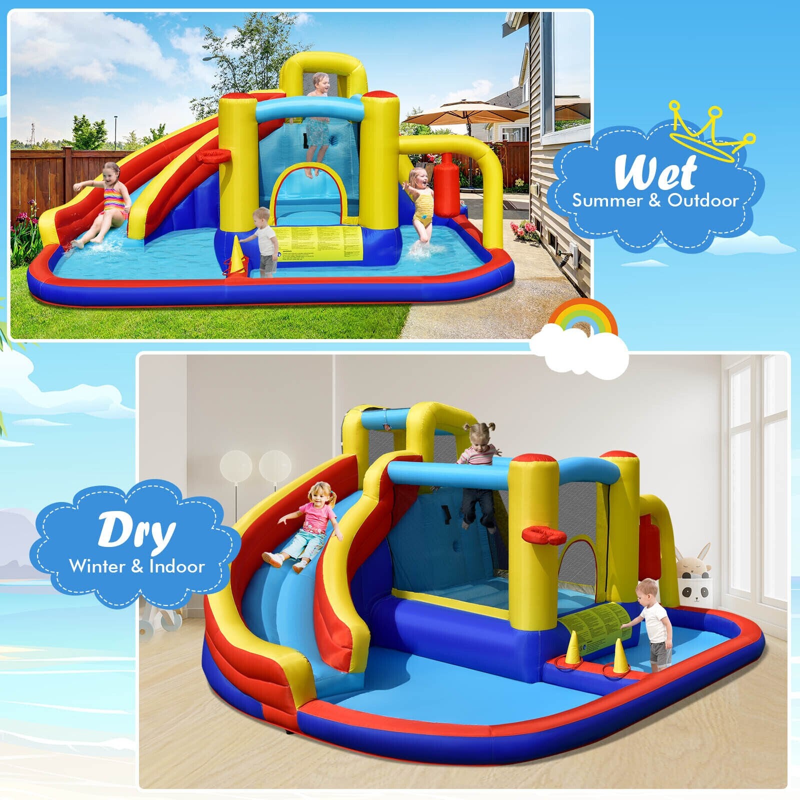 Kids 7-in-1 Inflatable Water Slide and Bounce Castle With 735W Air Blower childrensterritory