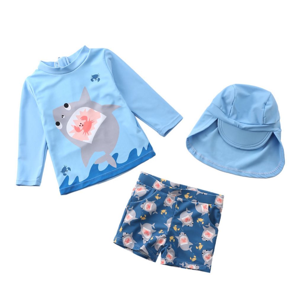 Kids Boys Cartoon Print 3pcs Surfing Beachwear With Cap childrensterritory