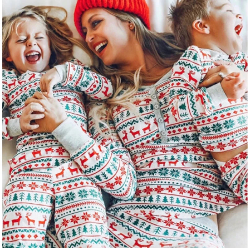 Cartoon Deer and Tree Print Family Matching Christmas Pajamas Sets