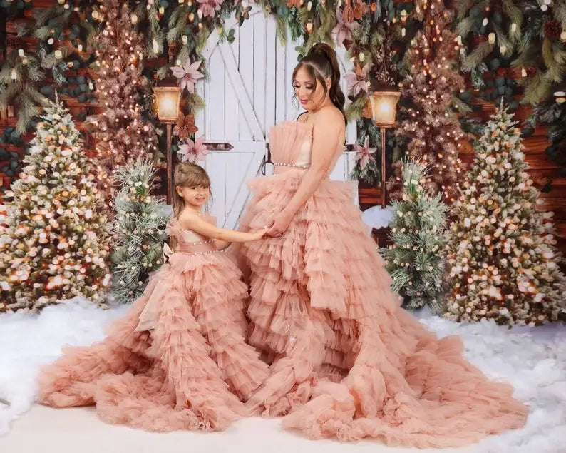 Mother-Daughter Ruffle Tulle Matching Party Dresses