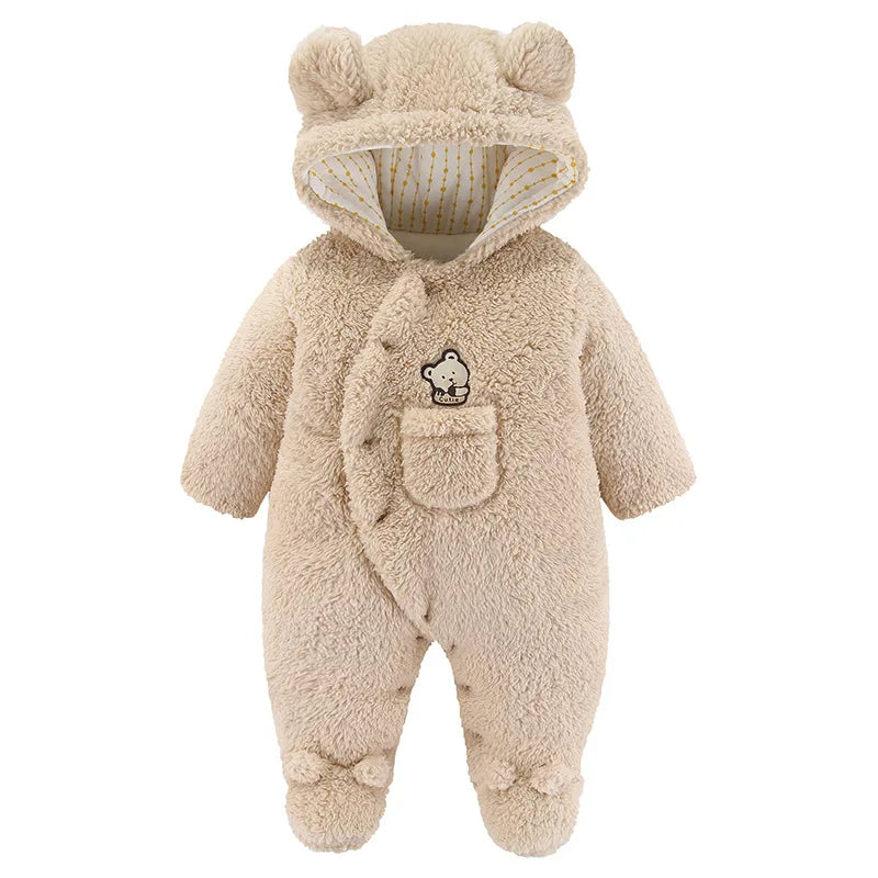 Baby Cartoon Pattern Hooded Fleece Rompers
