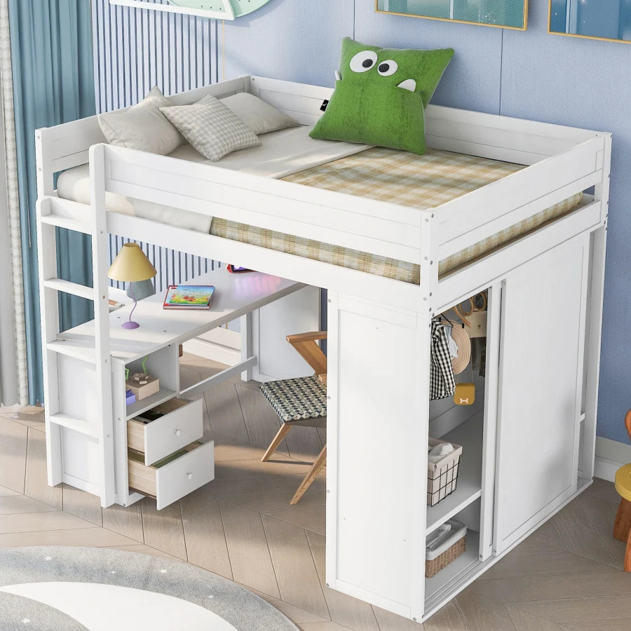 Full-size Loft Bed with Closets and Two-Drawer Desk with Cabinet childrensterritory