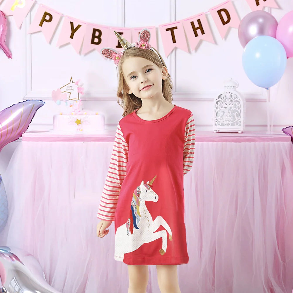 Little Girls Long Sleeve Cartoon Design Casual Dresses childrensterritory