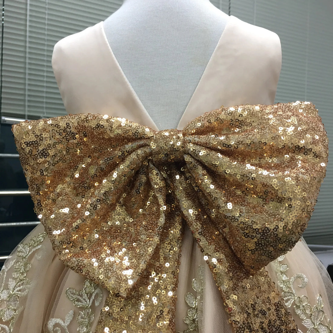 Gold Sequined Bow Knee Length First Birthday Party Dress